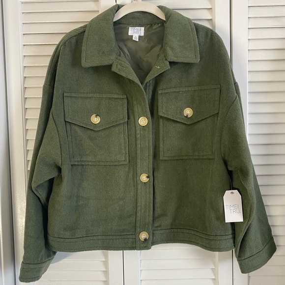 Time & Tru Olive Green Button Up Jacket, Size S, Pockets, Button Cuffs - Picture 1 of 7